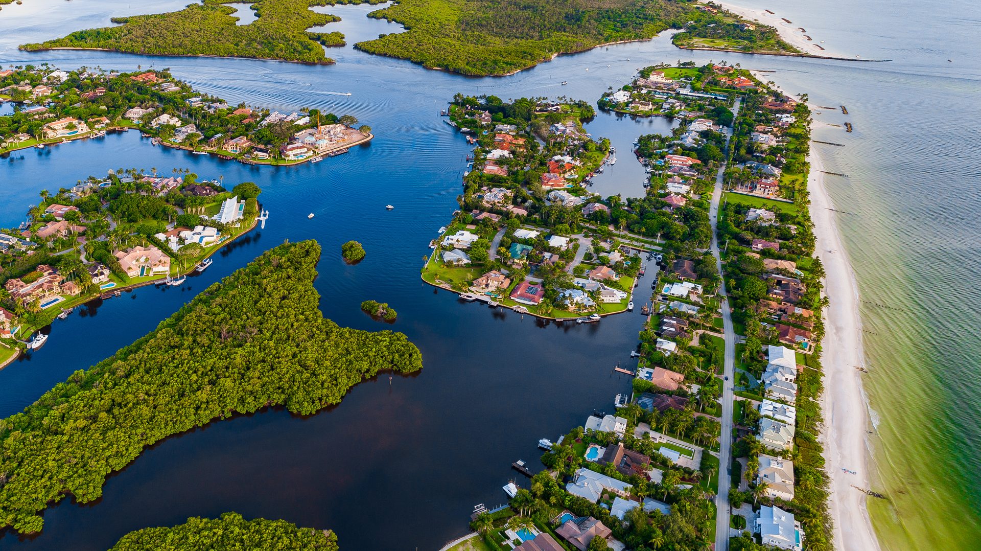 Aerial view of the Naples coastline, waterways and Gulf beaches