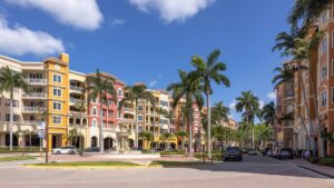 Colorful Mediterranean-style shops and galleries along the Naples bayfront