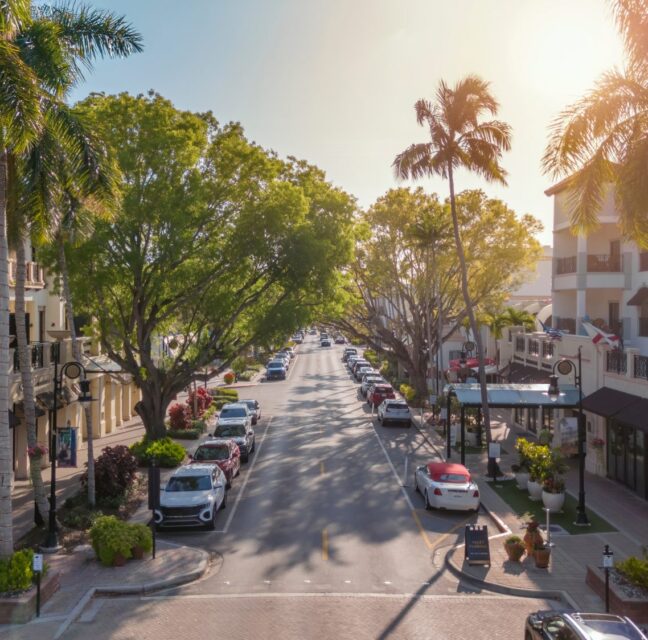 Palm-lined Fifth Avenue South in downtown Naples on a sunny afternoon