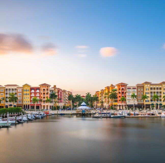 Naples Bay and the Bayfront waterfront at dusk