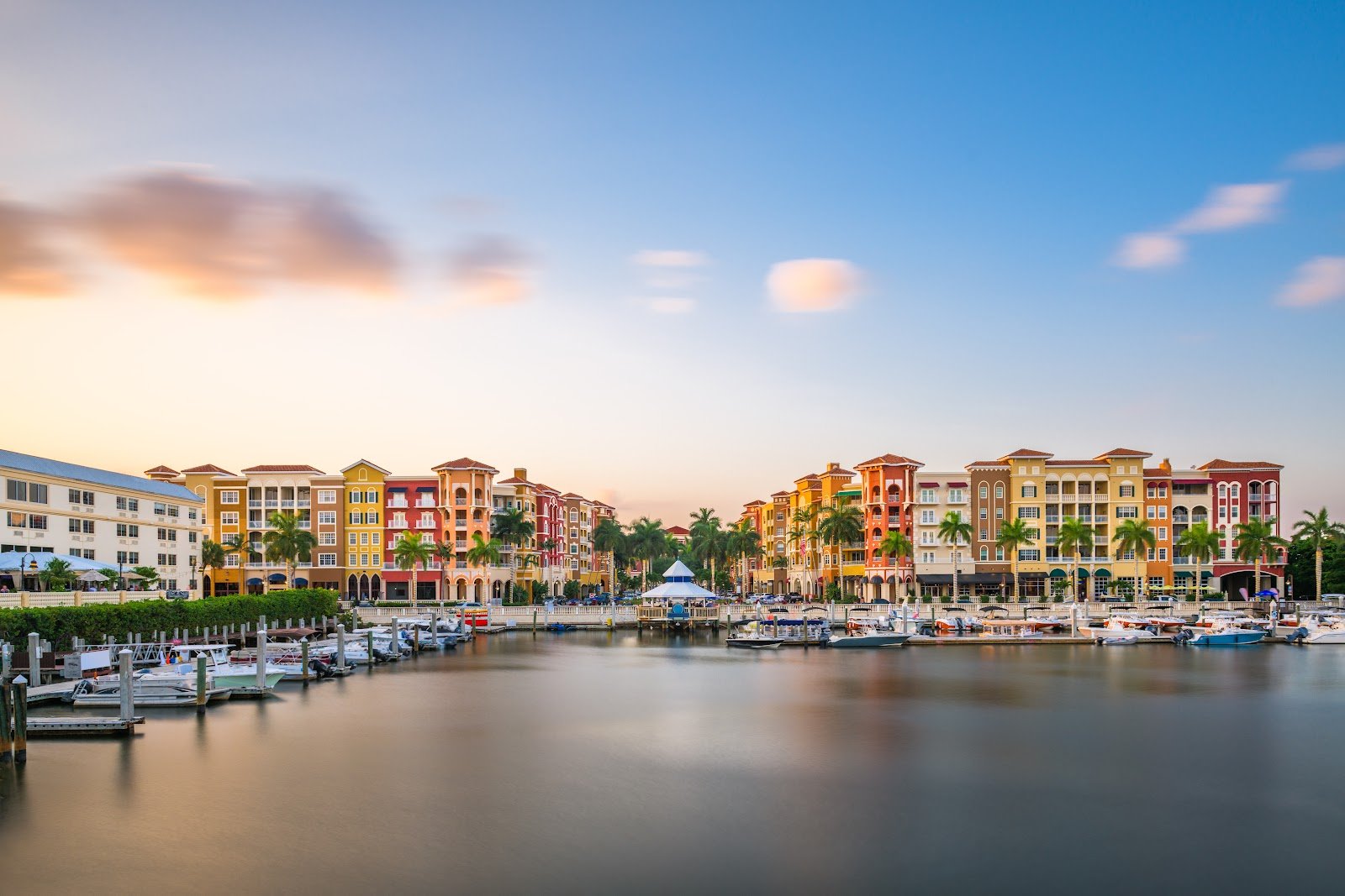 Naples Bay and the Bayfront waterfront at dusk