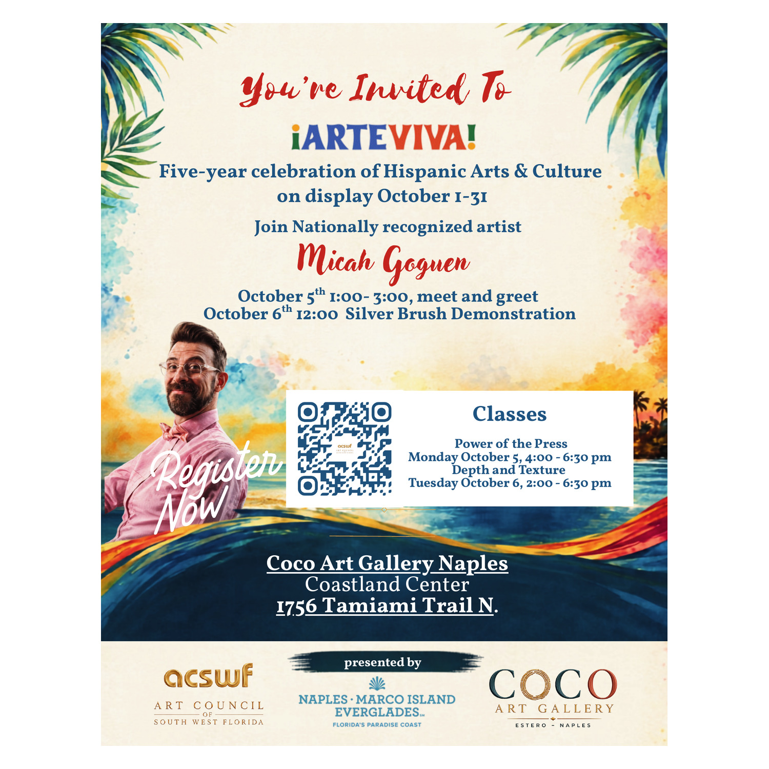 You're Invited to ¡Arte Viva! — five-year celebration of Hispanic Arts & Culture on display October 1–31 at Coco Art Gallery Naples, with artist Micah Goguen