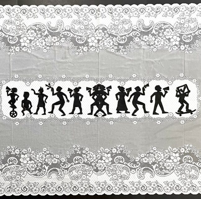 Lace doily artwork with silhouetted figures across the centre panel