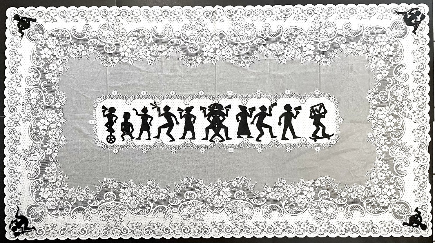 Lace doily artwork with silhouetted figures across the centre panel