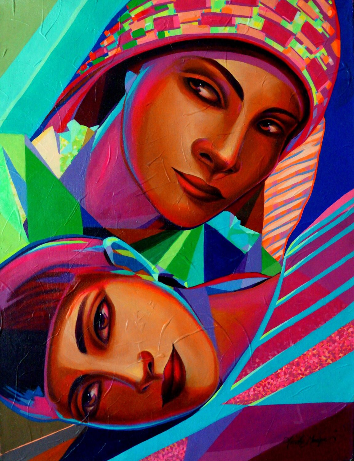 Vivid cubist-style portrait of two women in patterned headscarves