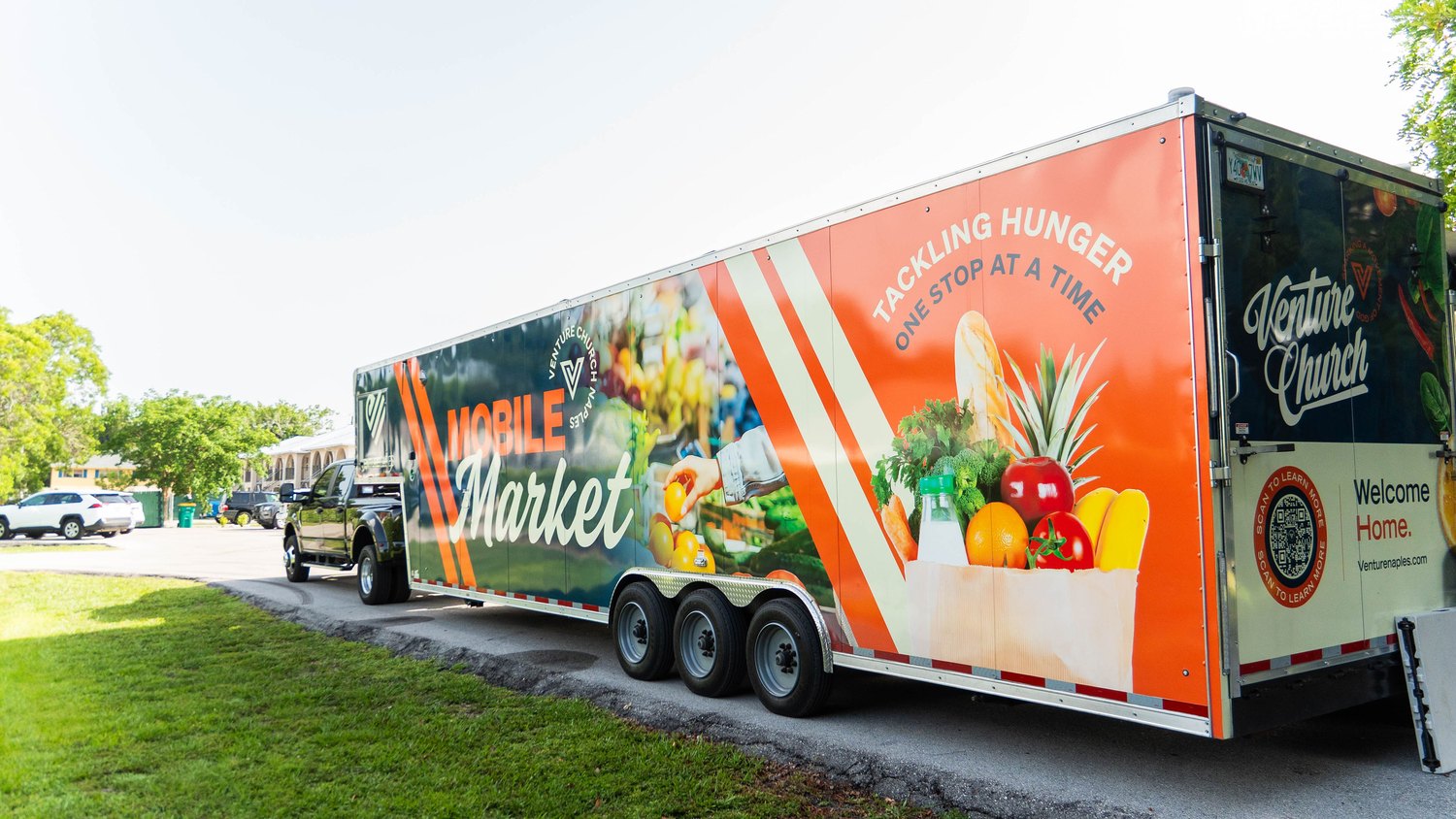 Venture Cares Mobile Market trailer parked on a residential street
