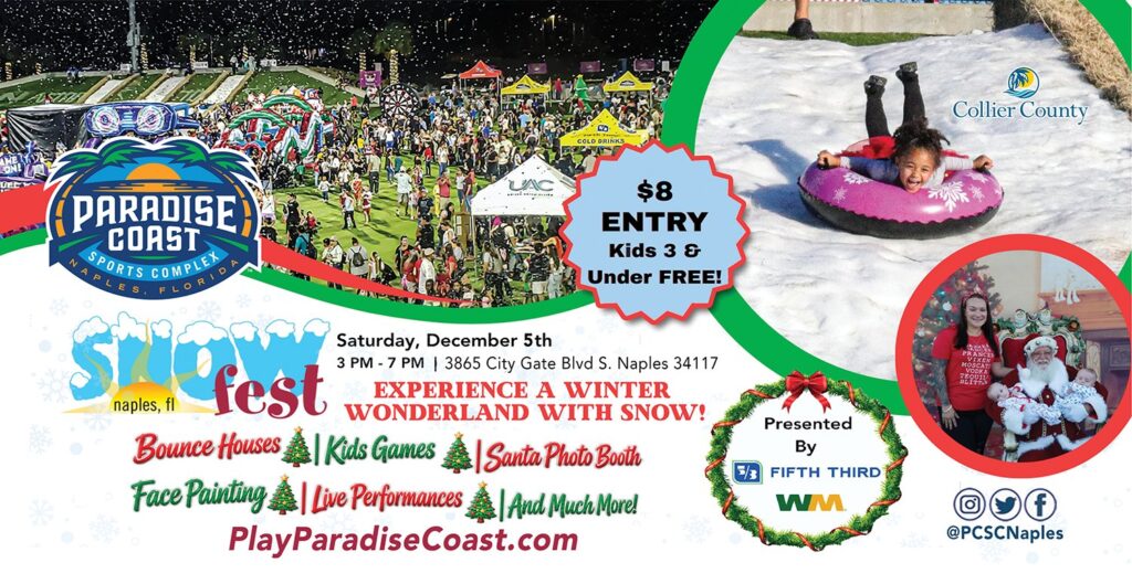 Child riding a snow tube and Santa with babies on the Snow Fest flyer